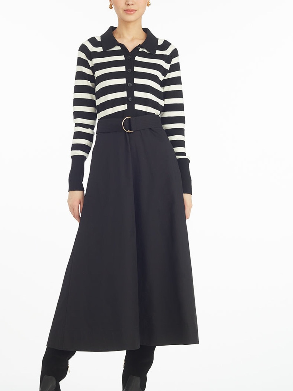 Draper James Black and White Striped Knit Top with Collar